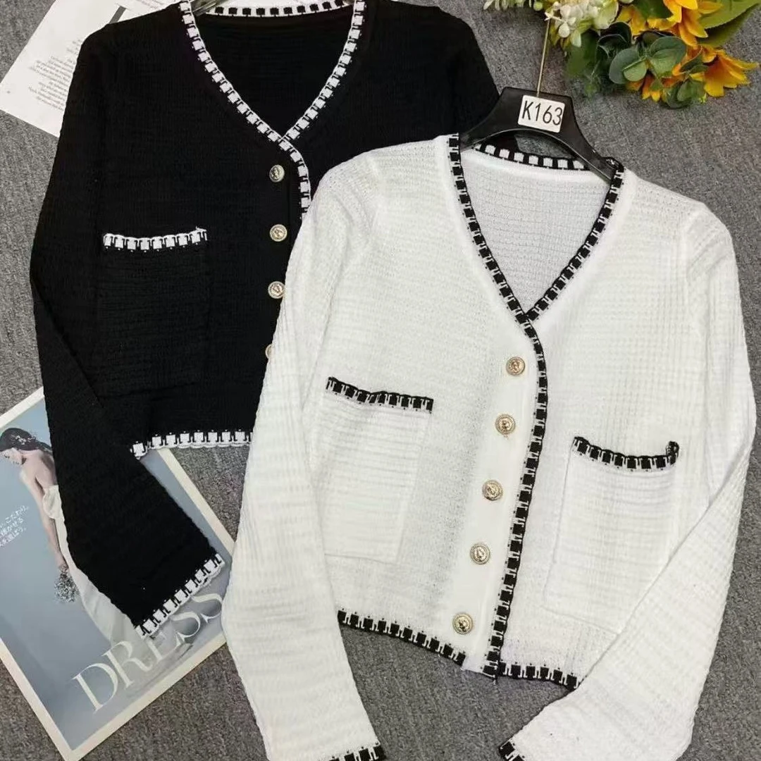 针织衫早秋薄款V领短款毛衣女长袖外套