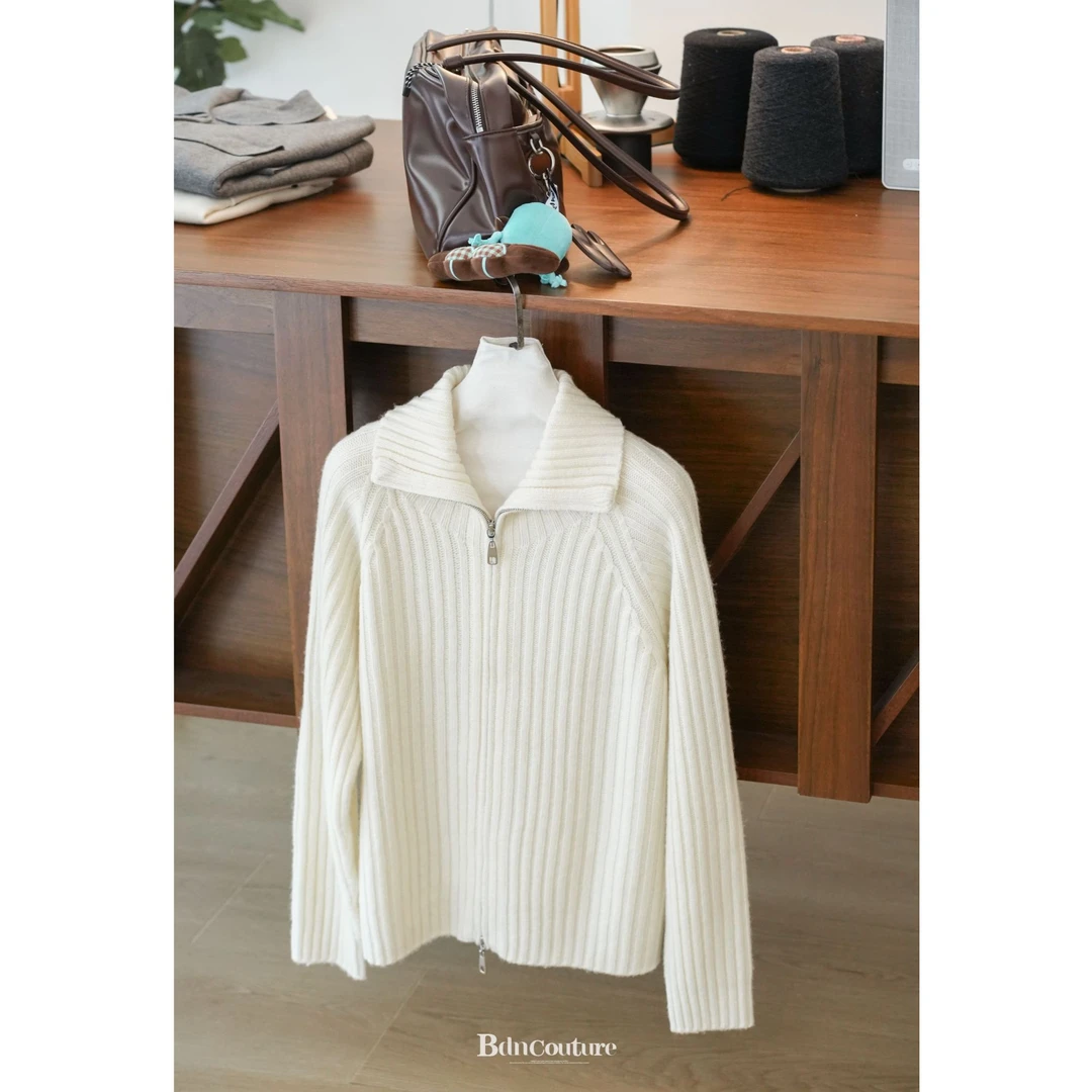 BDN 25秋冬 拉链立领常规款套头纯色坑条纹羊毛针织衫百搭保暖