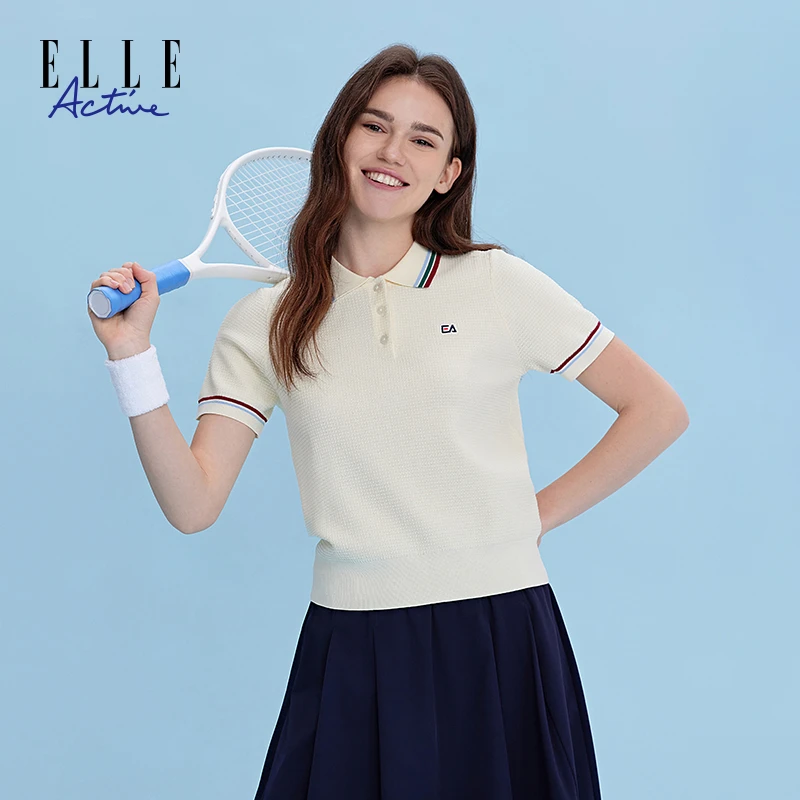 ELLE Active翻领学院风针织衫女款夏季polo衫休闲收腰撞色短袖t恤