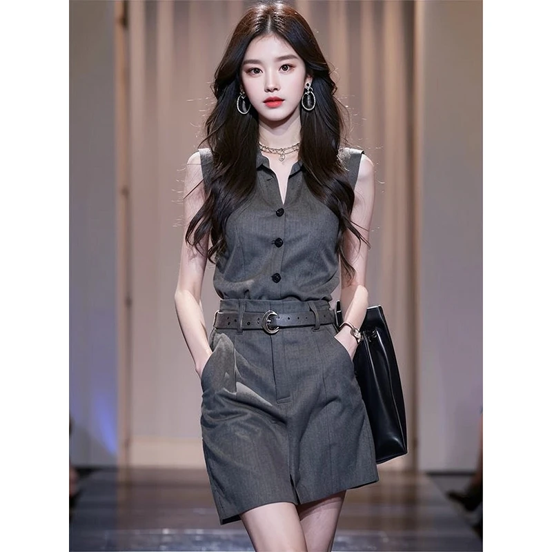 2025新款夏装气质女神范高端小香风高级感灰色马甲上衣短裤套装女