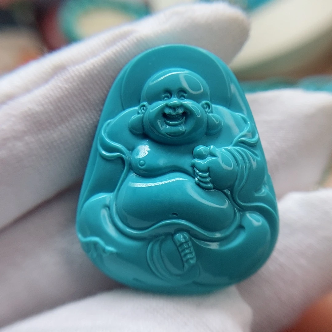 未镶嵌绿松石高瓷高蓝精雕弥勒佛牌（姚子墨工）