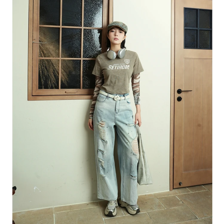 西町村屋复古水洗破洞直筒裤女夏季新款休闲宽松牛仔裤XAAB10099