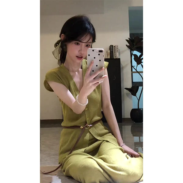 老钱风绿色西装马甲套装2025新款夏季盐系轻熟高级感阔腿裤两件套