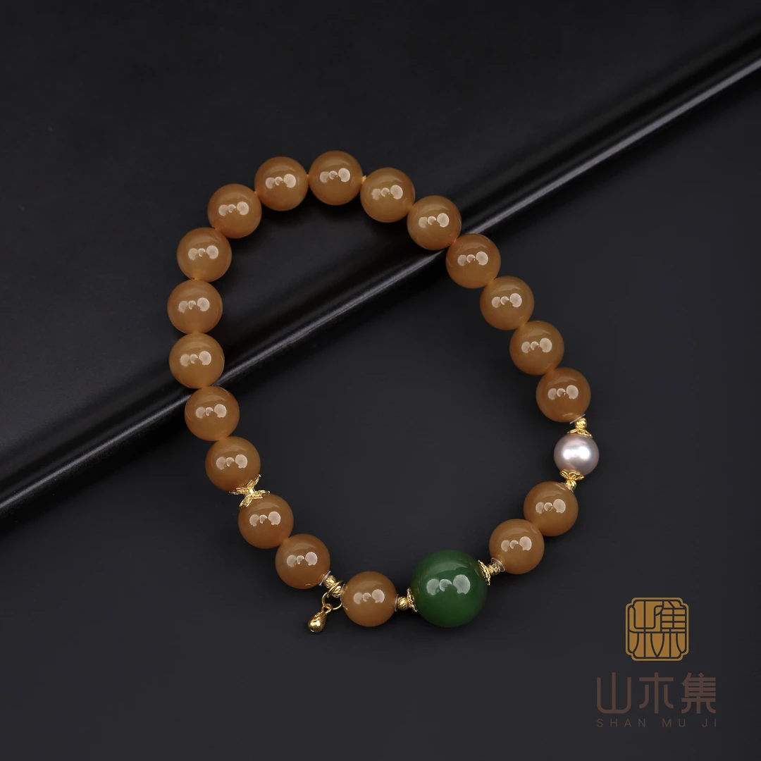 【秋波翠】（18K金）糖玉和田玉0.8荧光猫阳绿碧玉单圈手串￥￥（多样性）