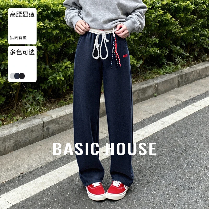 Basic House/百家好美式复古松紧腰绑带休闲裤加绒高腰卫裤运动裤