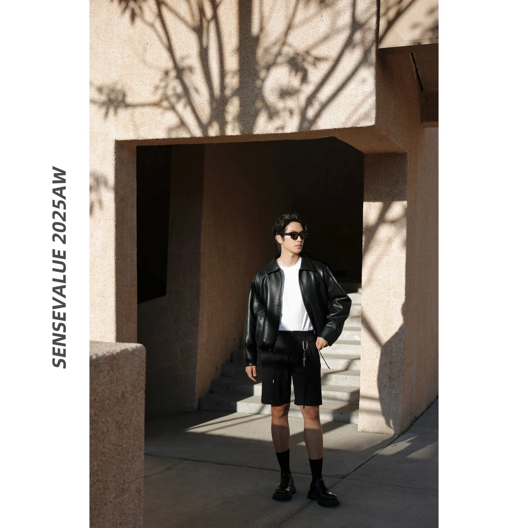 SENSEVALUE “皮革夹克”宽肩抽绳多口袋宽型短款皮衣夹克