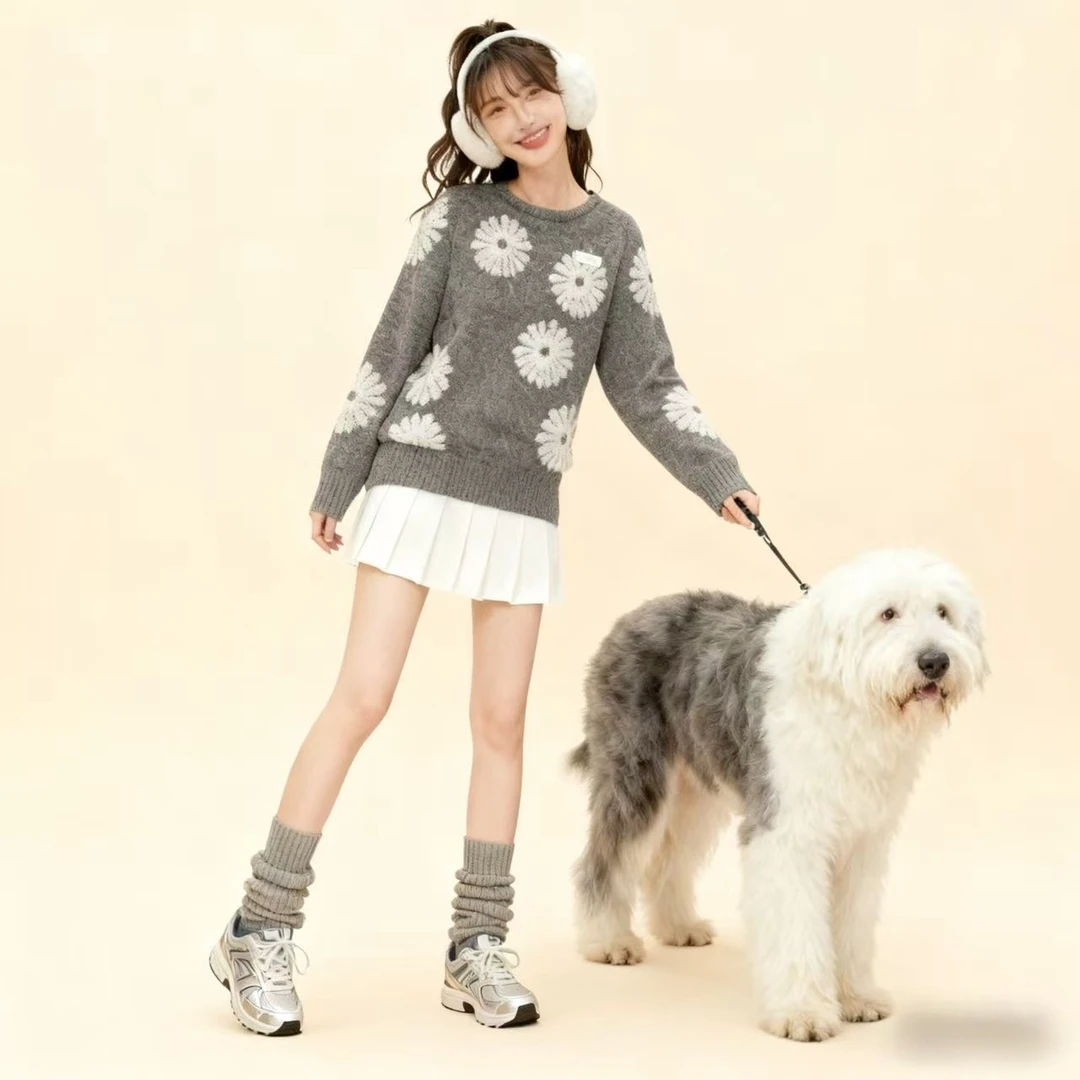 MARDI KNOW系列毛衣白雏菊款秋季毛针织衫加厚刺绣花秋冬慵懒百搭