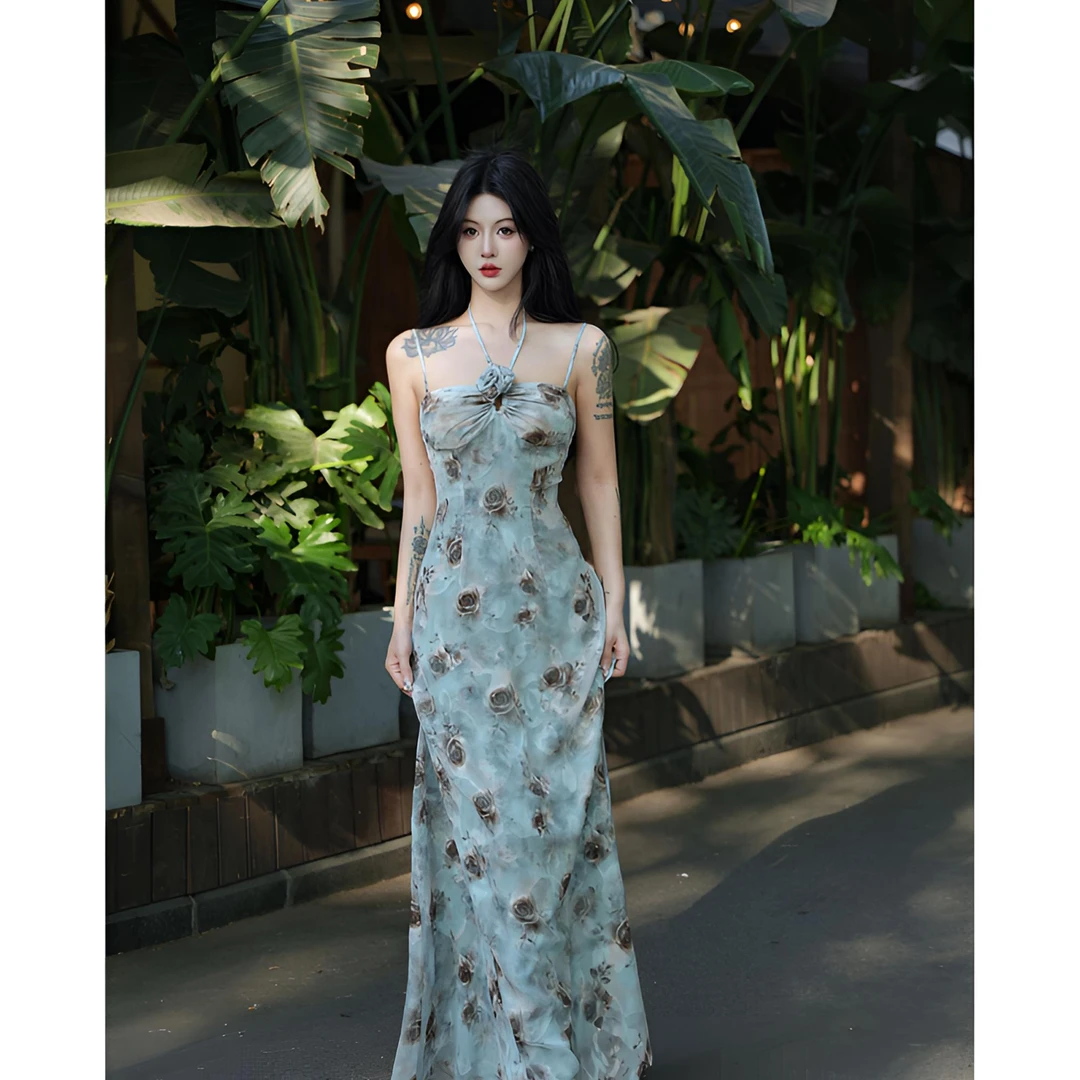 JIANGYU·讲语【兰屿浮生】法式碎花夏季清新气质显瘦吊带度假连衣裙