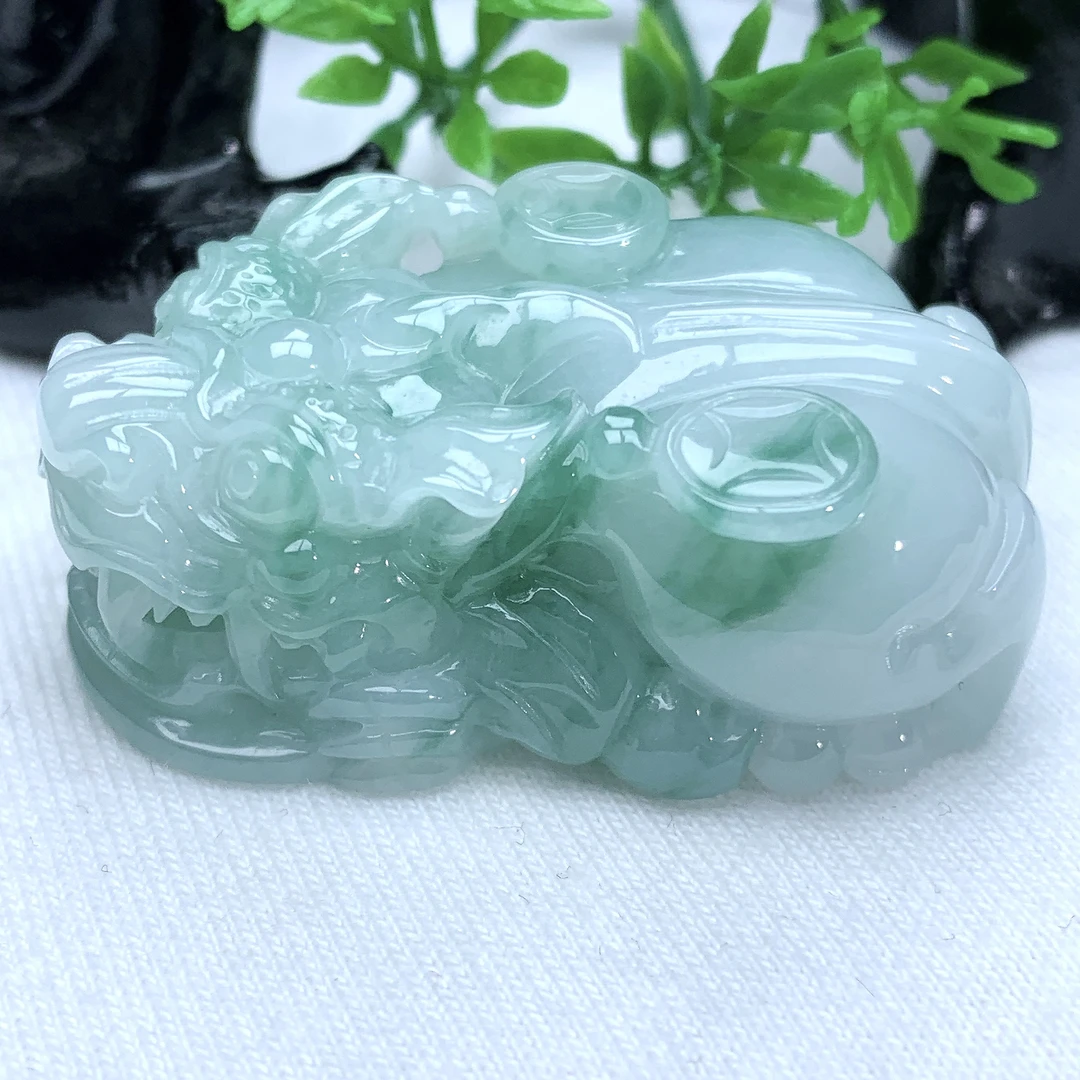 天然缅甸翡翠A货冰润阴阳脚飘花金钱貔貅吊坠挂件44−27.3−16.3mm