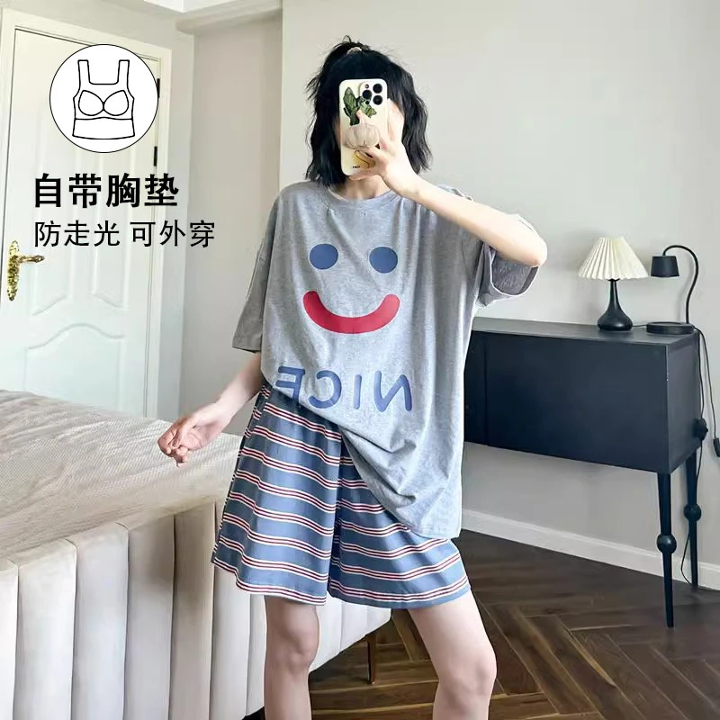 睡衣女卡通笑脸印花条纹短袖短裤夏季莫代尔带胸垫休闲宽松家居服