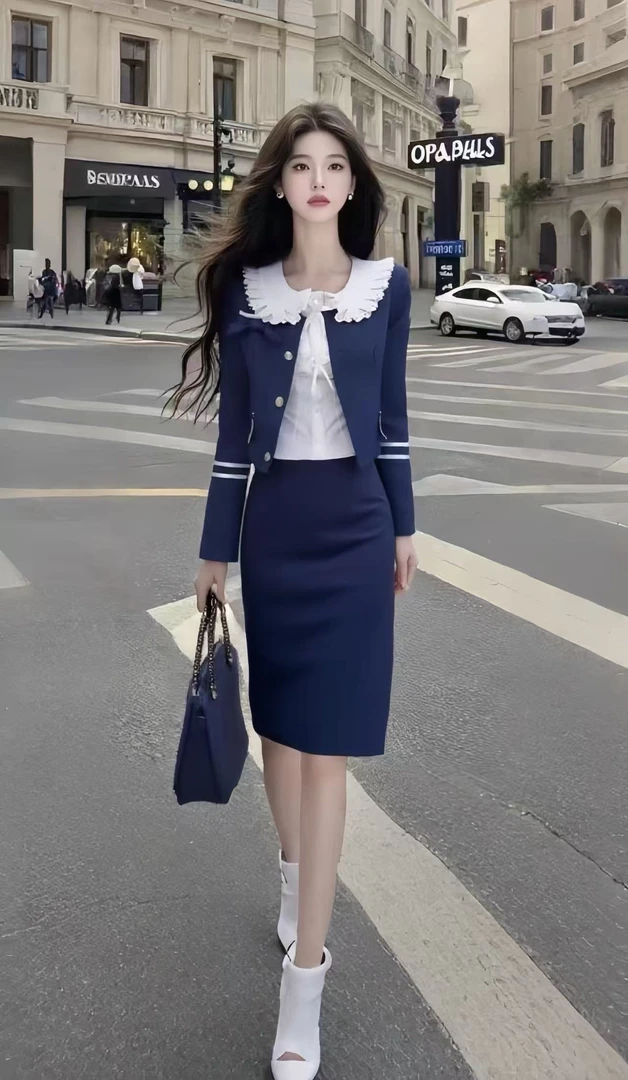 休闲风气质显瘦氛围感穿搭长袖短款外套百搭内搭中长裙深蓝色套装