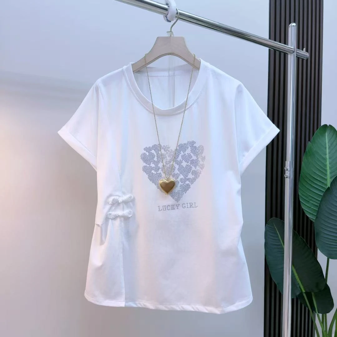 胖mm时尚气质显瘦遮肉减龄百搭烫钻夏季宽松8670潮流圆领半袖