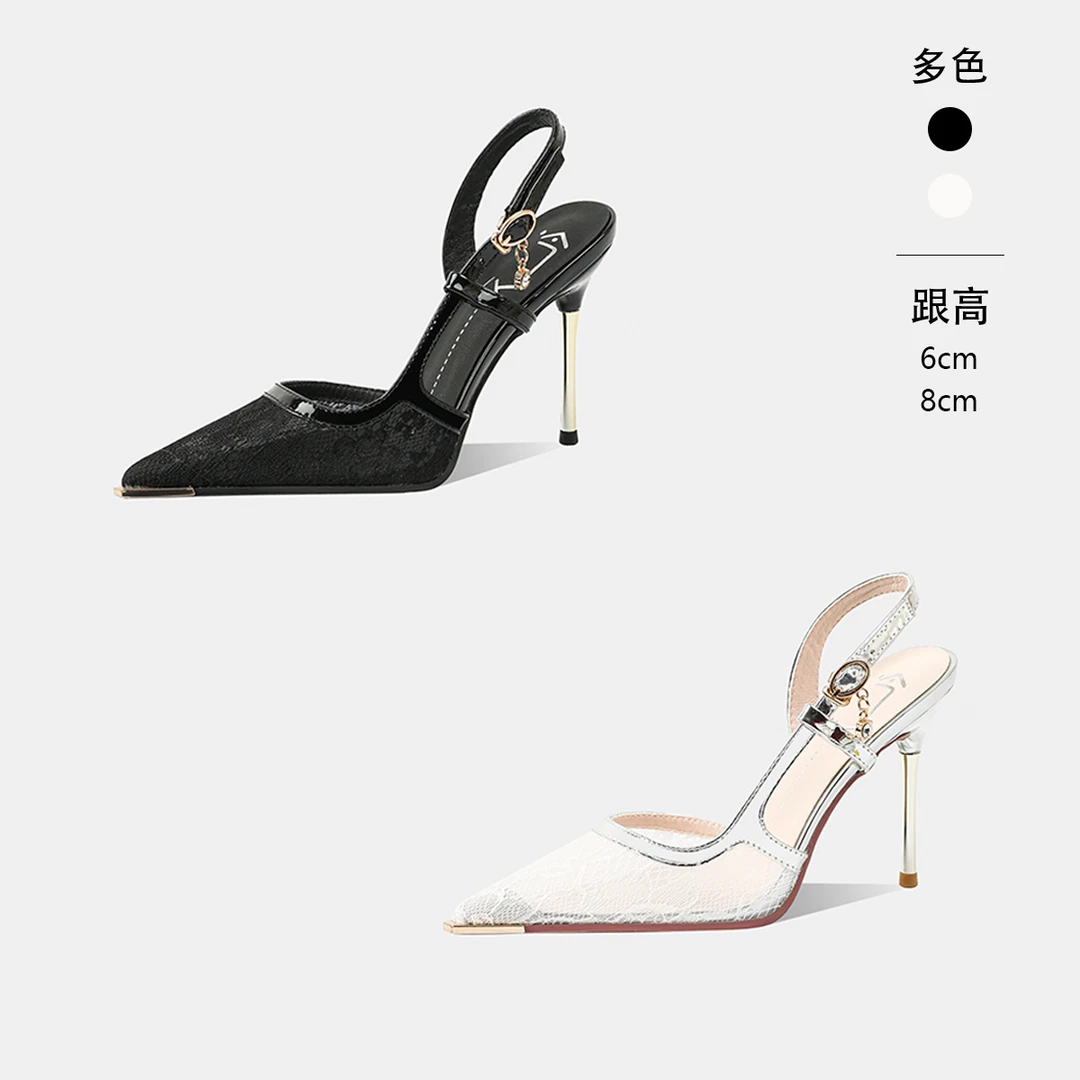 法式气质仙女风凉鞋女细跟春夏尖头夏季蕾丝高跟鞋设计感小众轻奢