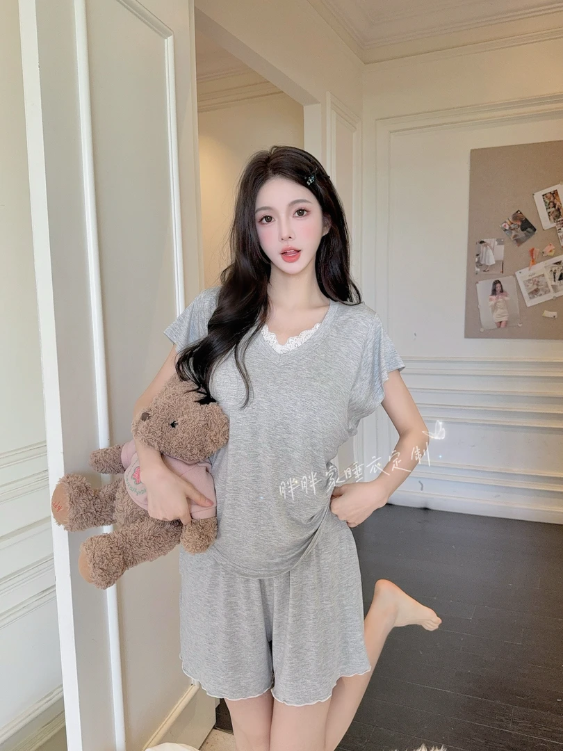 【奶皮慕斯】三件套代尔棉纯欲显白短袖家居服可外穿带胸垫睡衣女