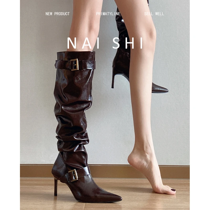 羊皮版！复古褶皱堆堆高跟靴女皮带扣尖头不过膝长靴细跟高筒靴