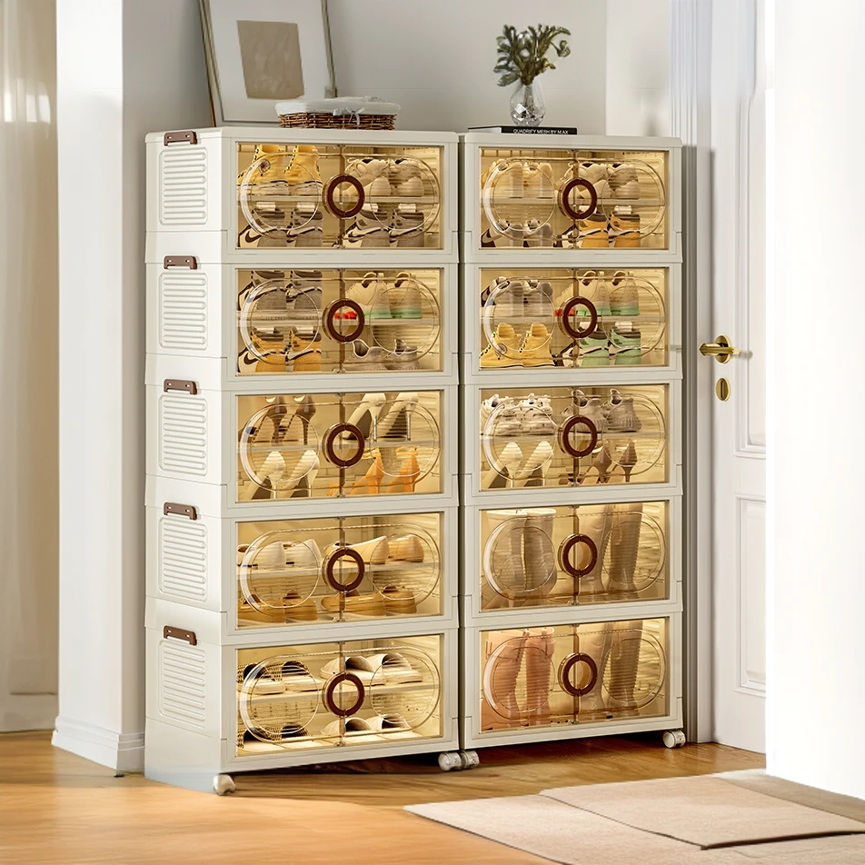 俏洁免安装鞋柜家用门口折叠鞋架简易鞋子收纳盒带轮塑料防尘收纳