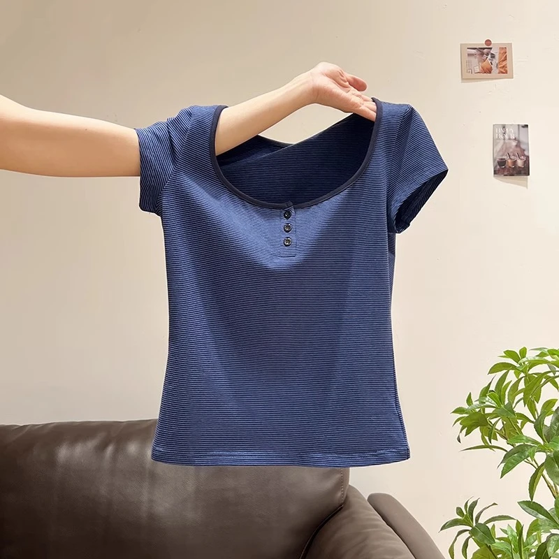 藏蓝色U领条纹正肩短袖T恤女新款设计感小众修身肌理感透气上衣潮
