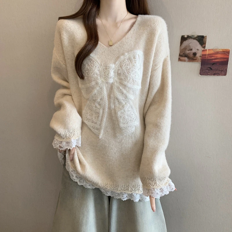 2025秋冬季新款蕾丝蝴蝶结花边拼接圆领针织衫毛衣女宽松显瘦上衣