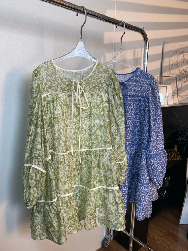 【T.T】法式碎花两色圆领系带两色娃娃连衣裙TA1074