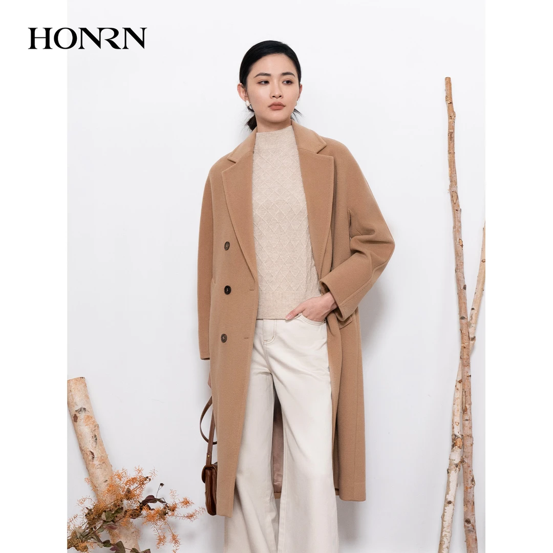 HONRN/红人中长款双排扣V领驼色绵羊毛大衣女冬HI55OD699