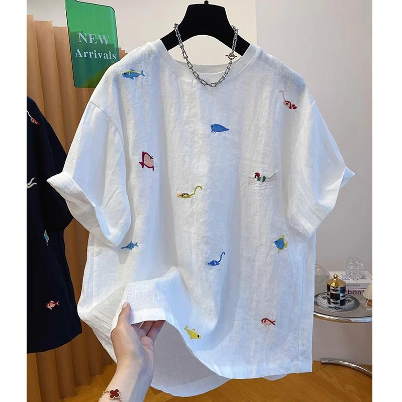 高级感气质刺绣短袖2025新款T恤女装夏季宽松显瘦圆领套头上衣