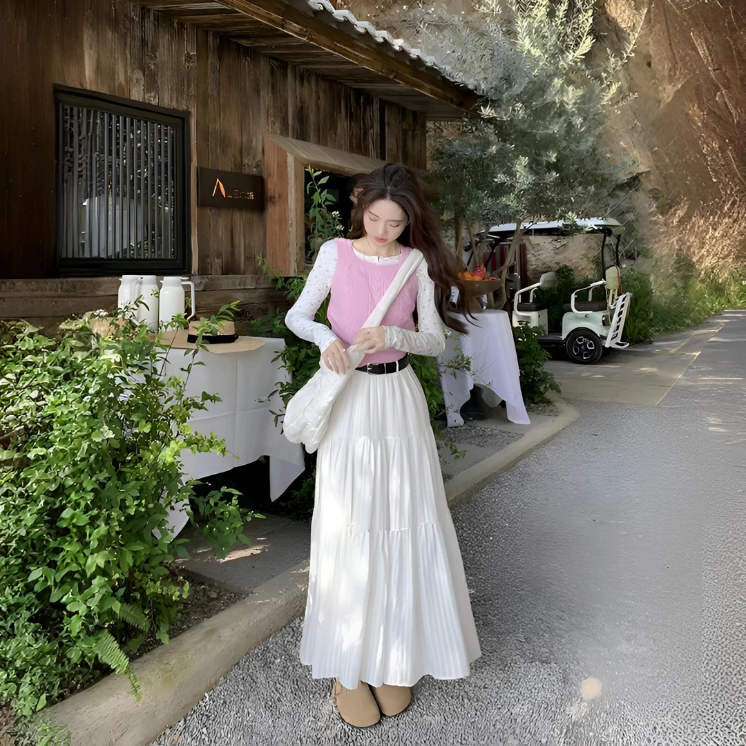 学院风春季套装女款碎花长袖打底衫上衣叠穿背心马甲半身裙三件套