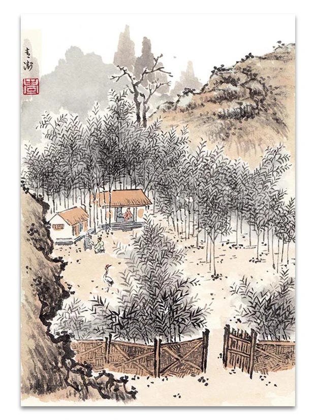 山水画竹林煎茶图A5尺寸宣纸卡纸现代装饰画画芯