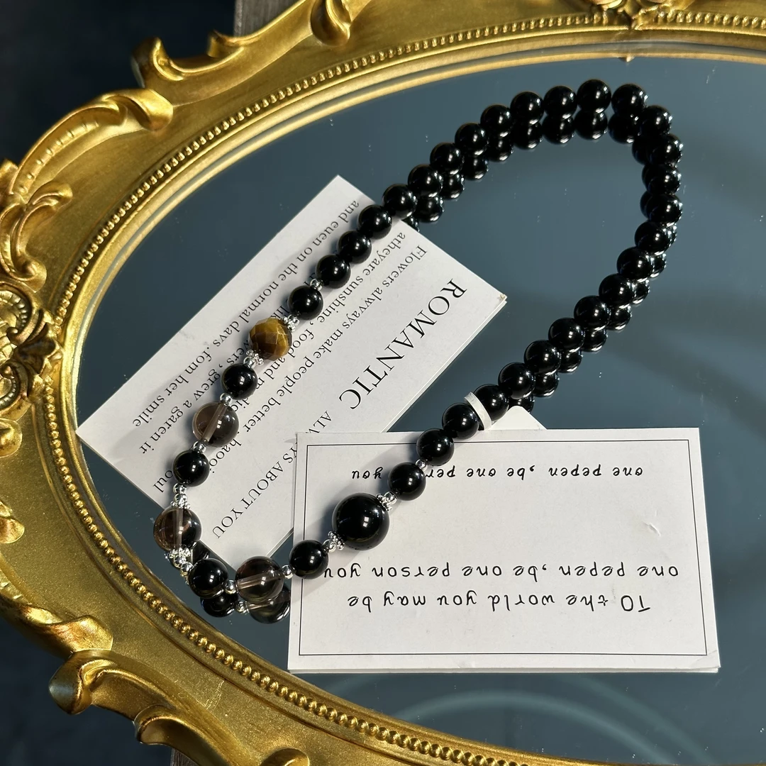 “暮色”黑曜石搭配金虎眼虎眼双圈手串多样性发一SJ014