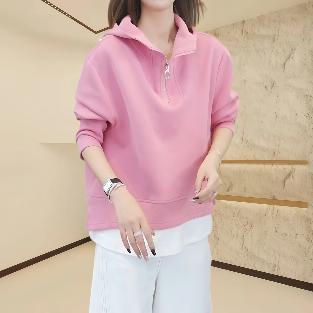 时尚立领假两件外套女2025秋季新款洋气宽松显瘦休闲百搭连帽上衣