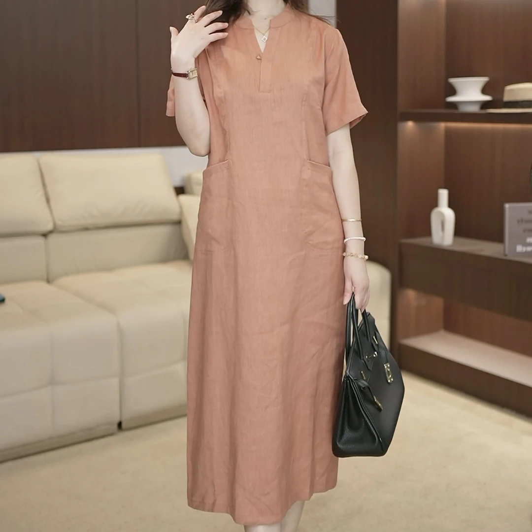 2025夏季宽松显瘦休闲大码中长裙民族风文艺亚麻短袖连衣裙女3174