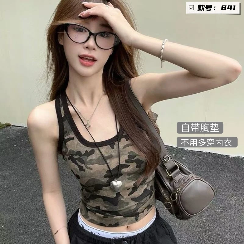 美式辣妹工字背心百搭豹纹胸垫吊带打底遮副乳露脐吊带蜘蛛网美背