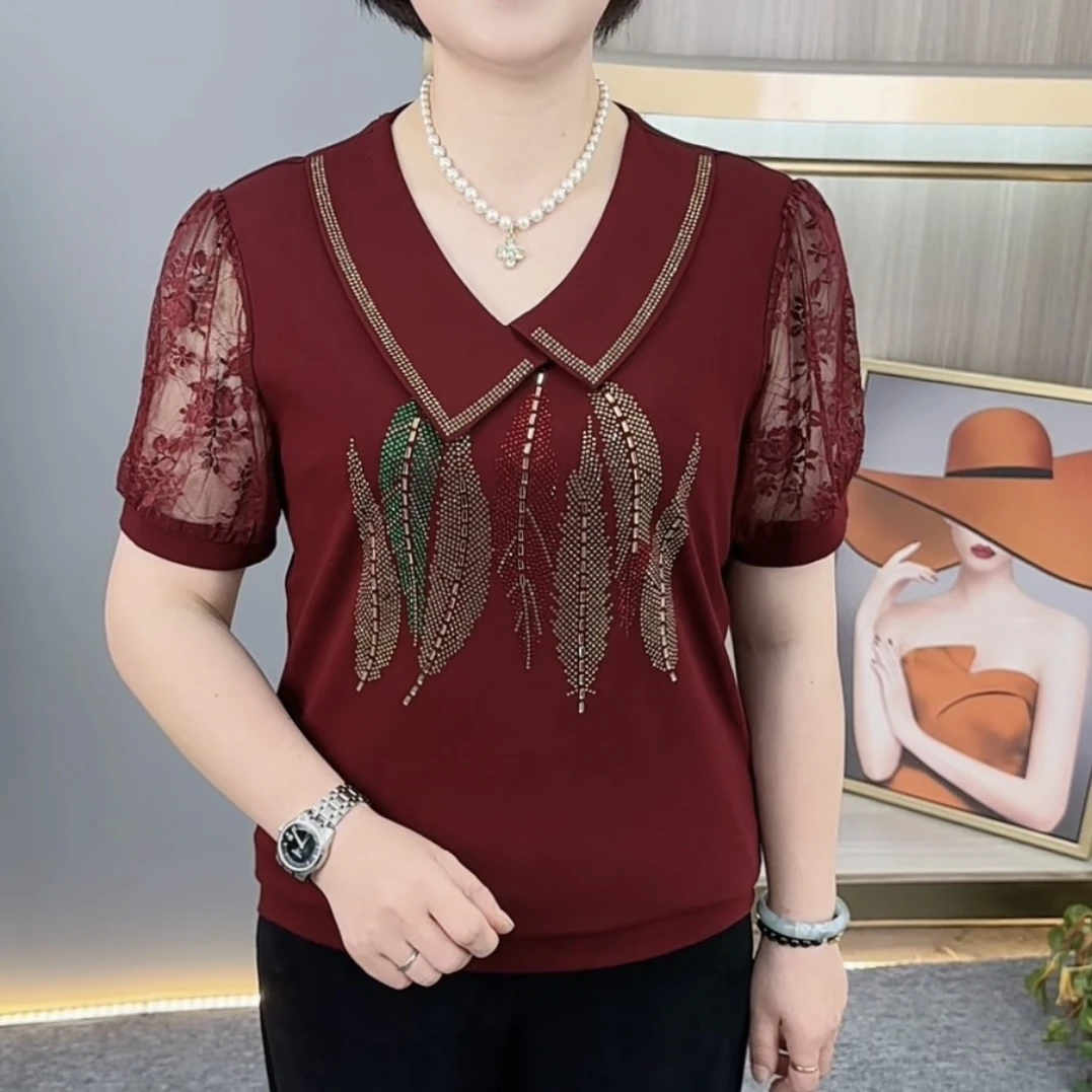夏季新款精致烫钻蕾丝拼接设计气质妈妈装宽松百搭短袖上衣H9996