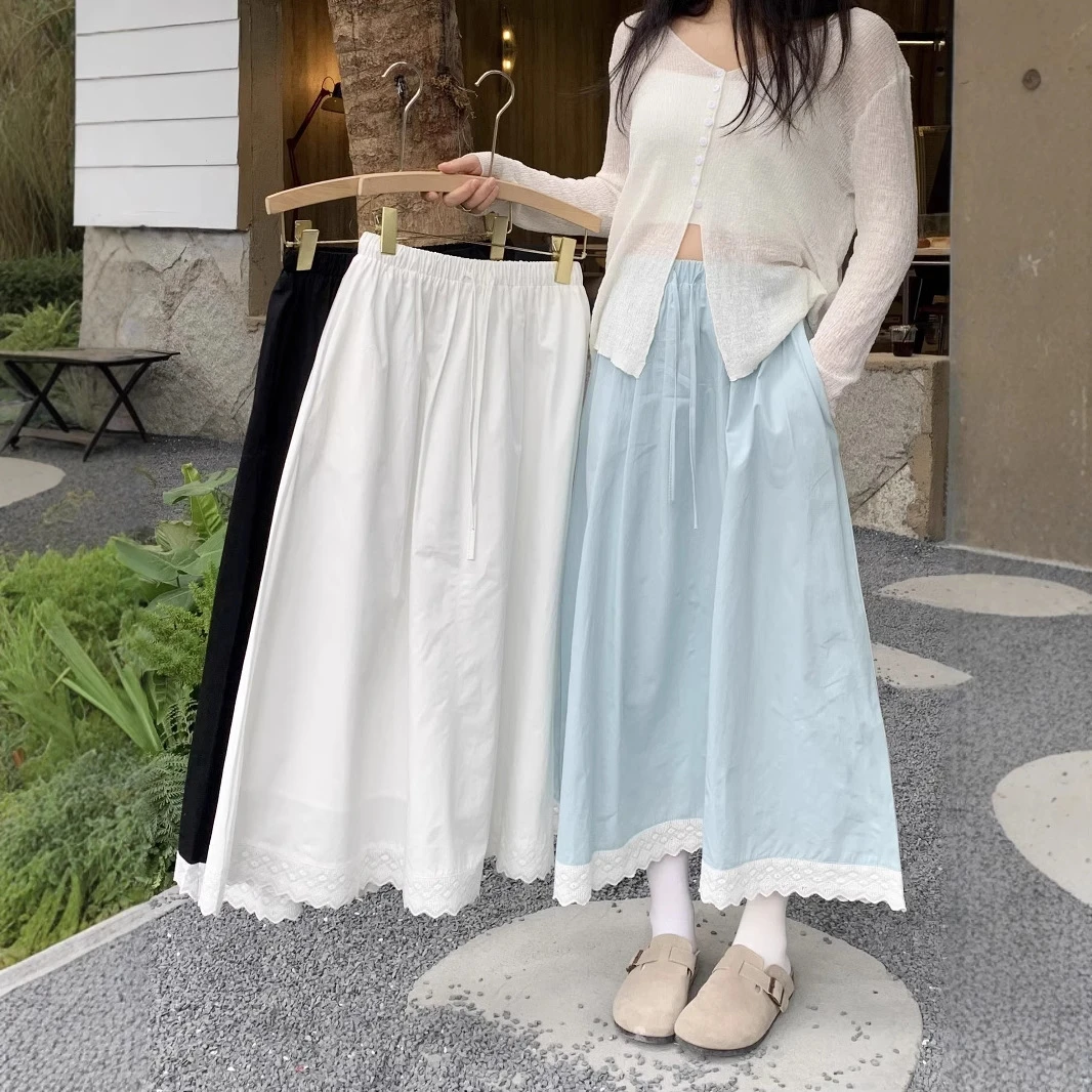 实拍 2025春夏季新款韩版韩系风甜美棉麻蕾丝拼接半身裙A字遛弯裙