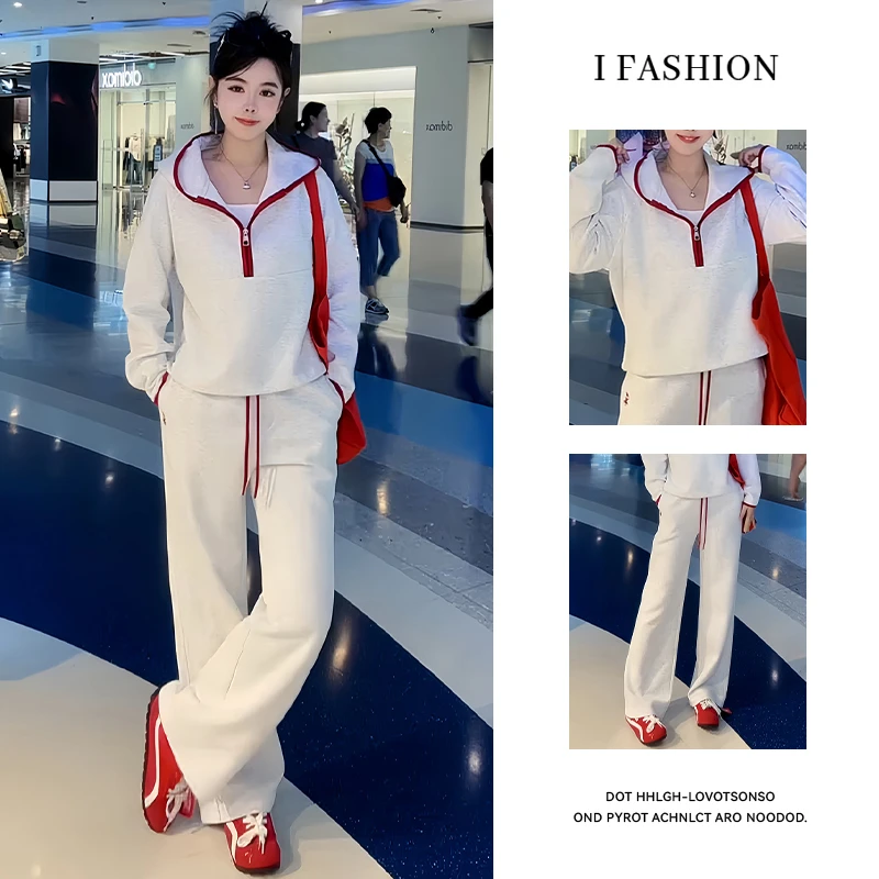 高含棉韩系时尚套装女2025年春秋新款半拉链遮肉上衣阔腿裤两件套