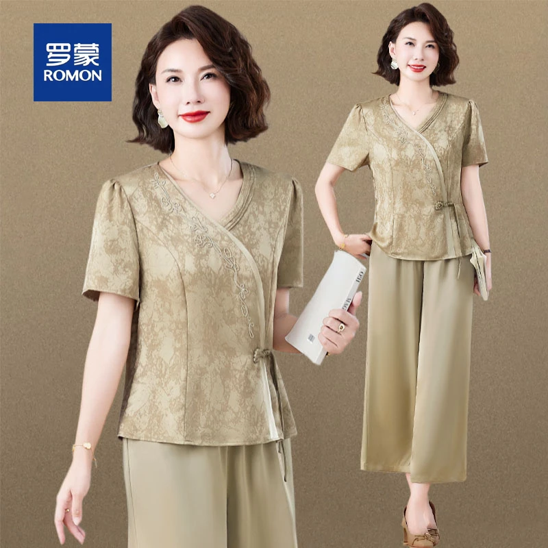 罗蒙贵夫人妈妈夏装气质国风套装2025新款端庄中老年新中式上衣女