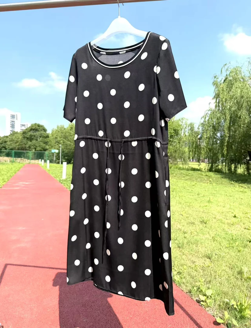 19姆米桑蚕丝弹力双乔锻数码印花波点领口罗纹短袖夏季连衣裙