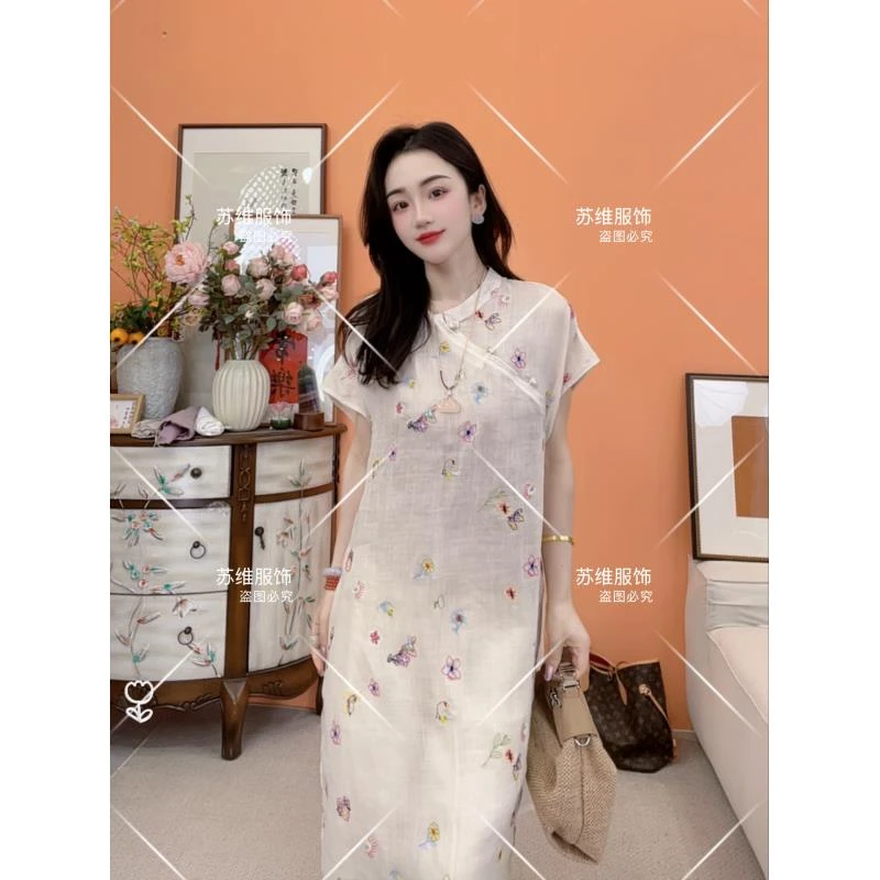 1317夏季新中式国风佛系禅意印花盘扣气质连衣裙