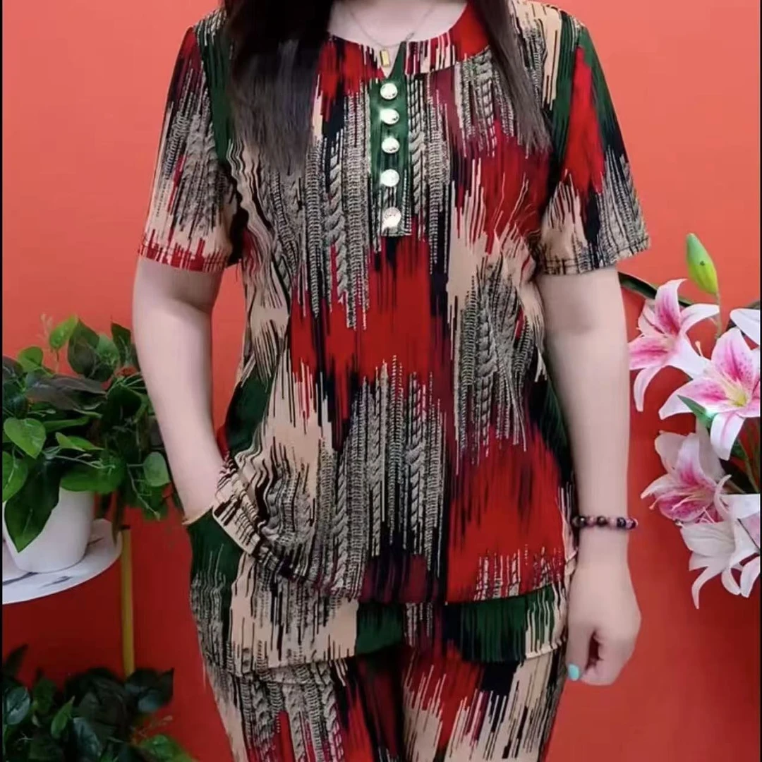 时尚新款中老年两件套短袖弹力休闲女装宽松舒适妈妈套装九分裤