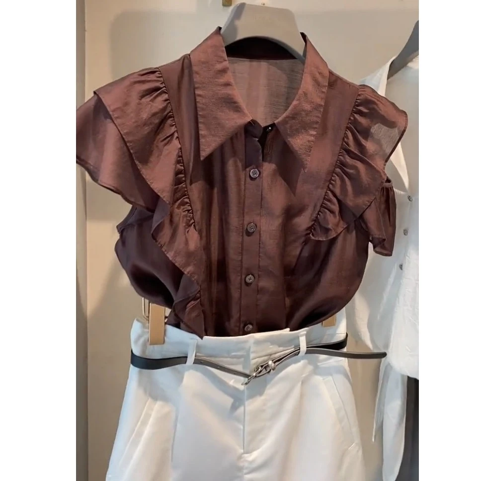 独特漂亮夏季薄上衣法式高级设计感轻奢减龄洋气焦糖色荷叶边衬衫