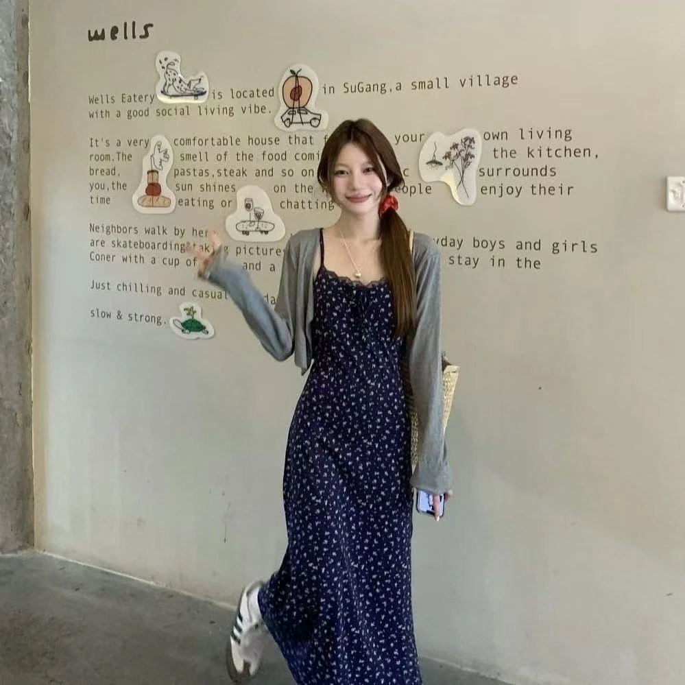 碎花中腰夏季吊带连衣裙开衫两件套设计感复古长裙韩版显瘦法式
