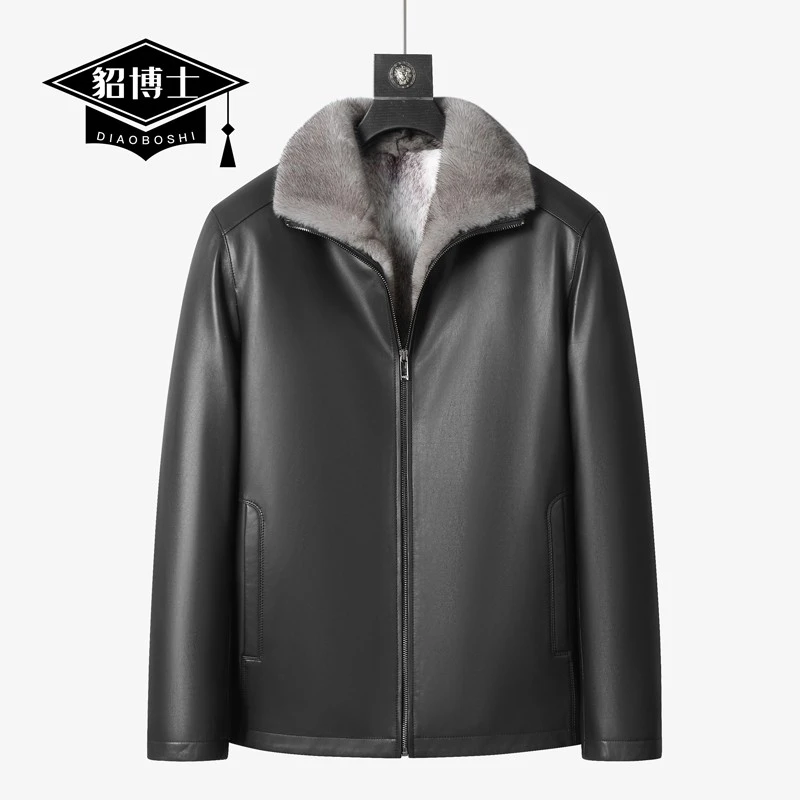 貂博士十字水貂毛内胆真皮衣男牛皮外套夹克中年翻领整貂皮毛一体