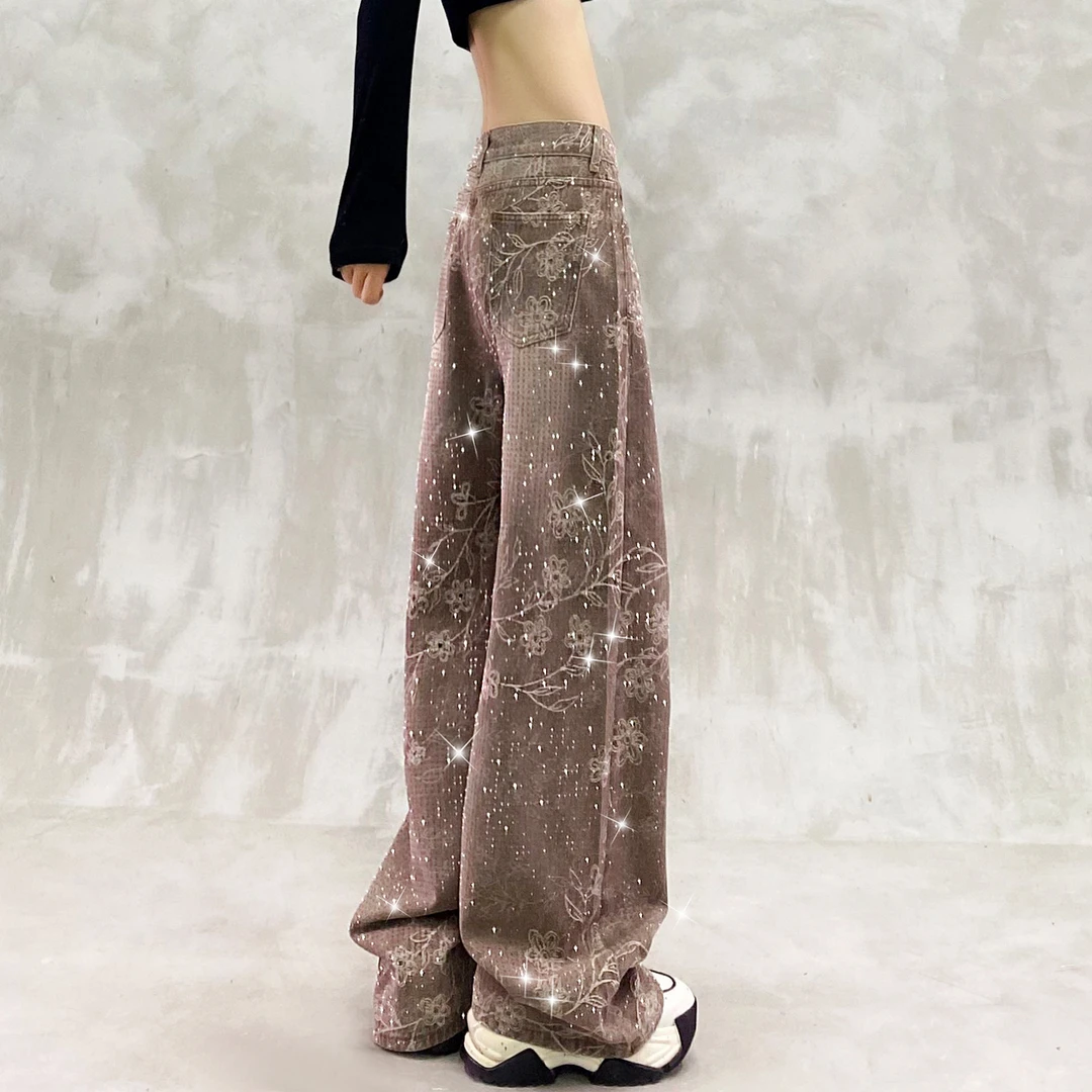 满天星烫钻印花休闲牛仔裤女秋新款高腰宽松显瘦百搭直筒阔腿裤潮