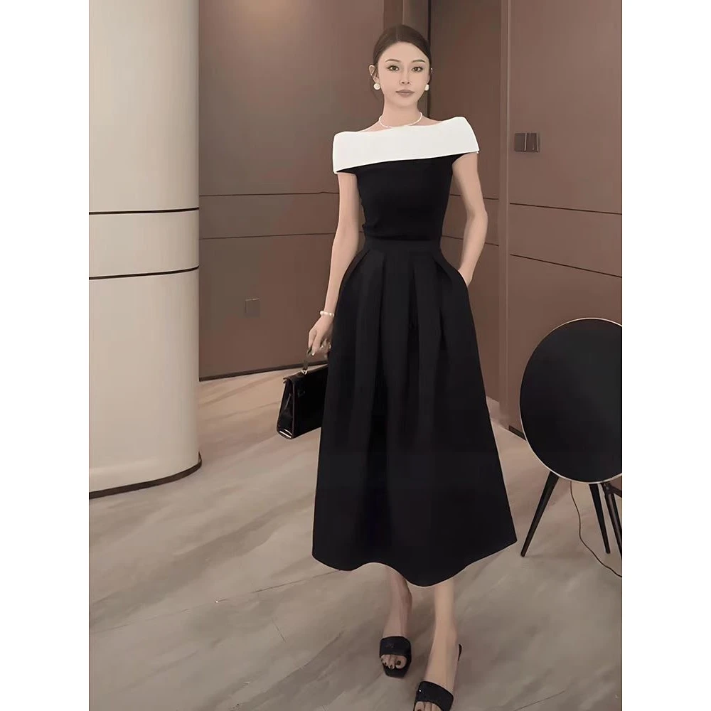 La Chapelle/拉夏贝尔黑白拼接绝美一字肩上衣年夏季新款针织小衫