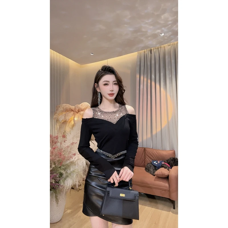 【美美专享】660905秋季新款假两件拼接网纱烫钻T恤上衣女