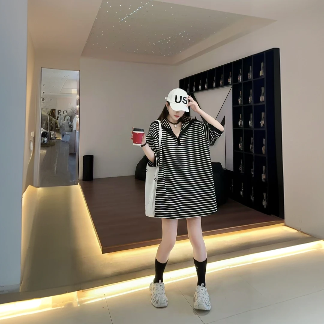 XPP特大码甜美海军领披肩黑白横条条纹中袖T恤宽松遮肉8804