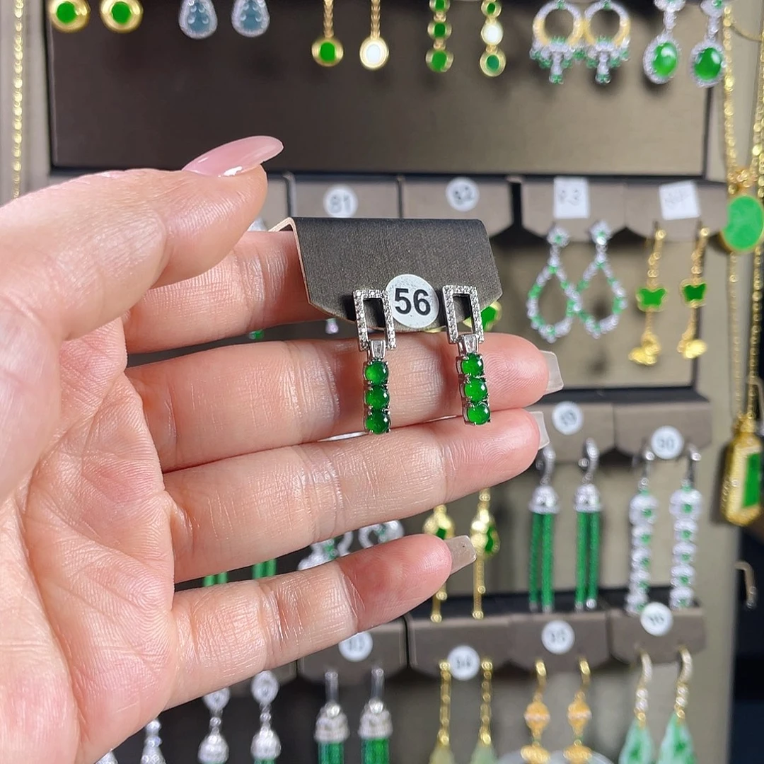 船***)翡翠银S925镶嵌耳饰翡翠A货