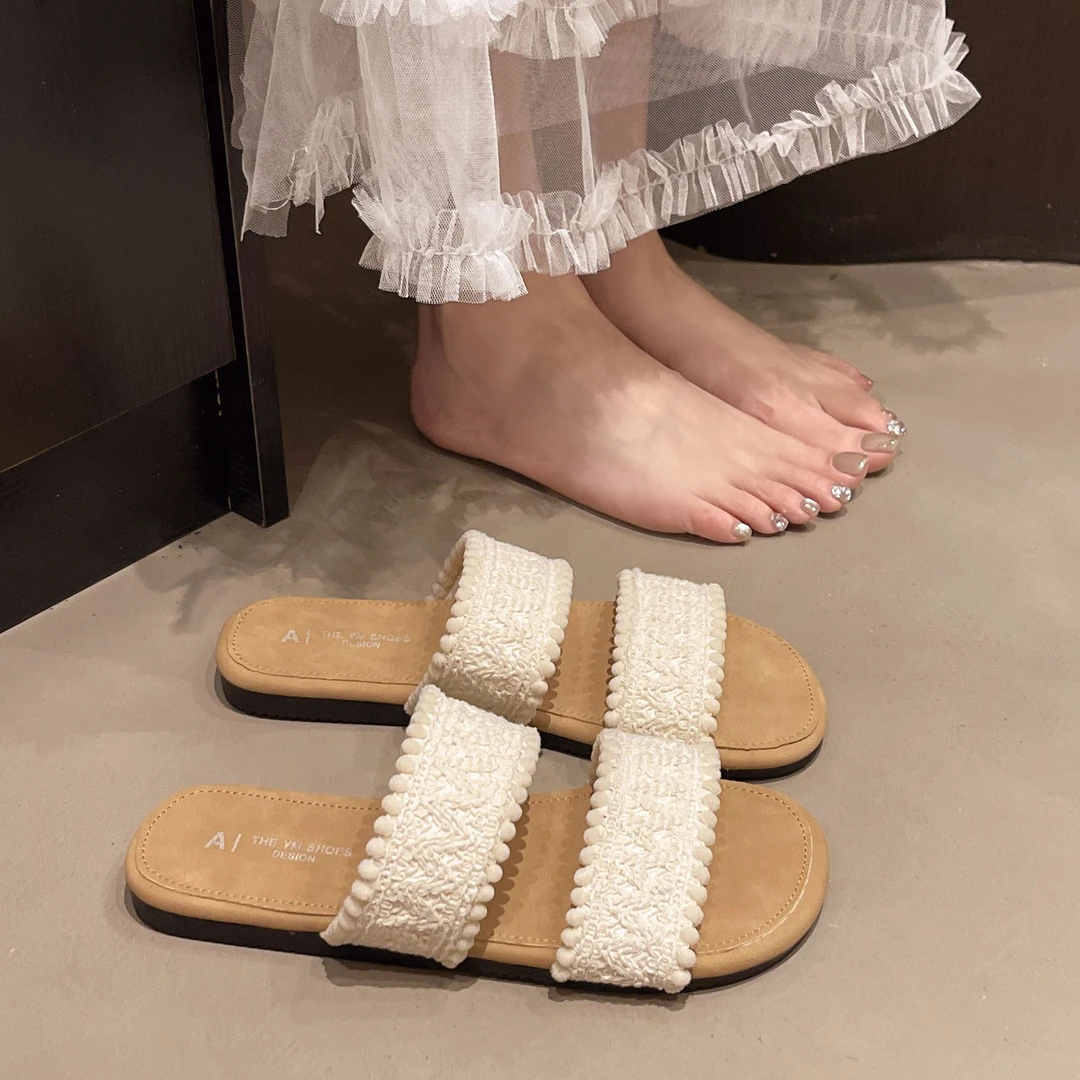 仙女风配裙子一字拖鞋女2025夏季新款编织波西米亚风外穿海边凉拖