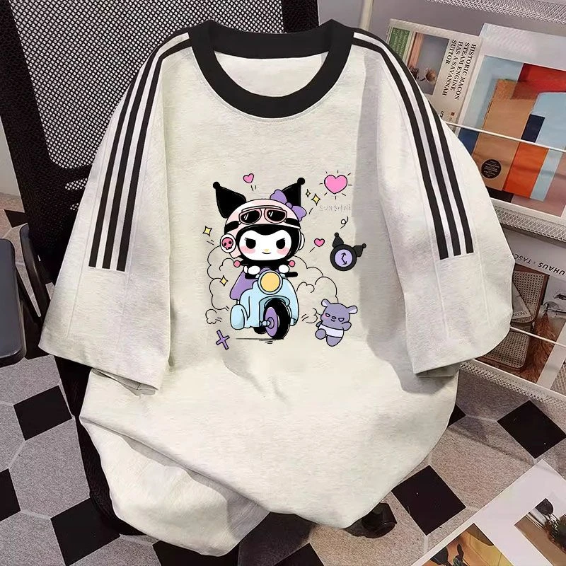 库洛米三条杠短袖T恤女童2025夏季纯棉宽松中大童小众设计上衣潮