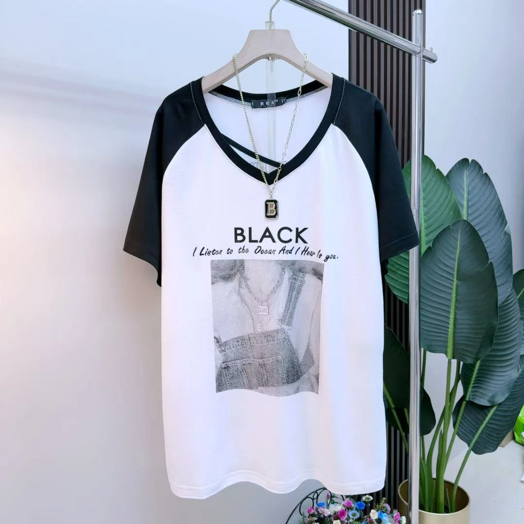 胖mm时尚气质9536显瘦遮肉减龄百搭轻奢美女图宽松潮流休闲半袖