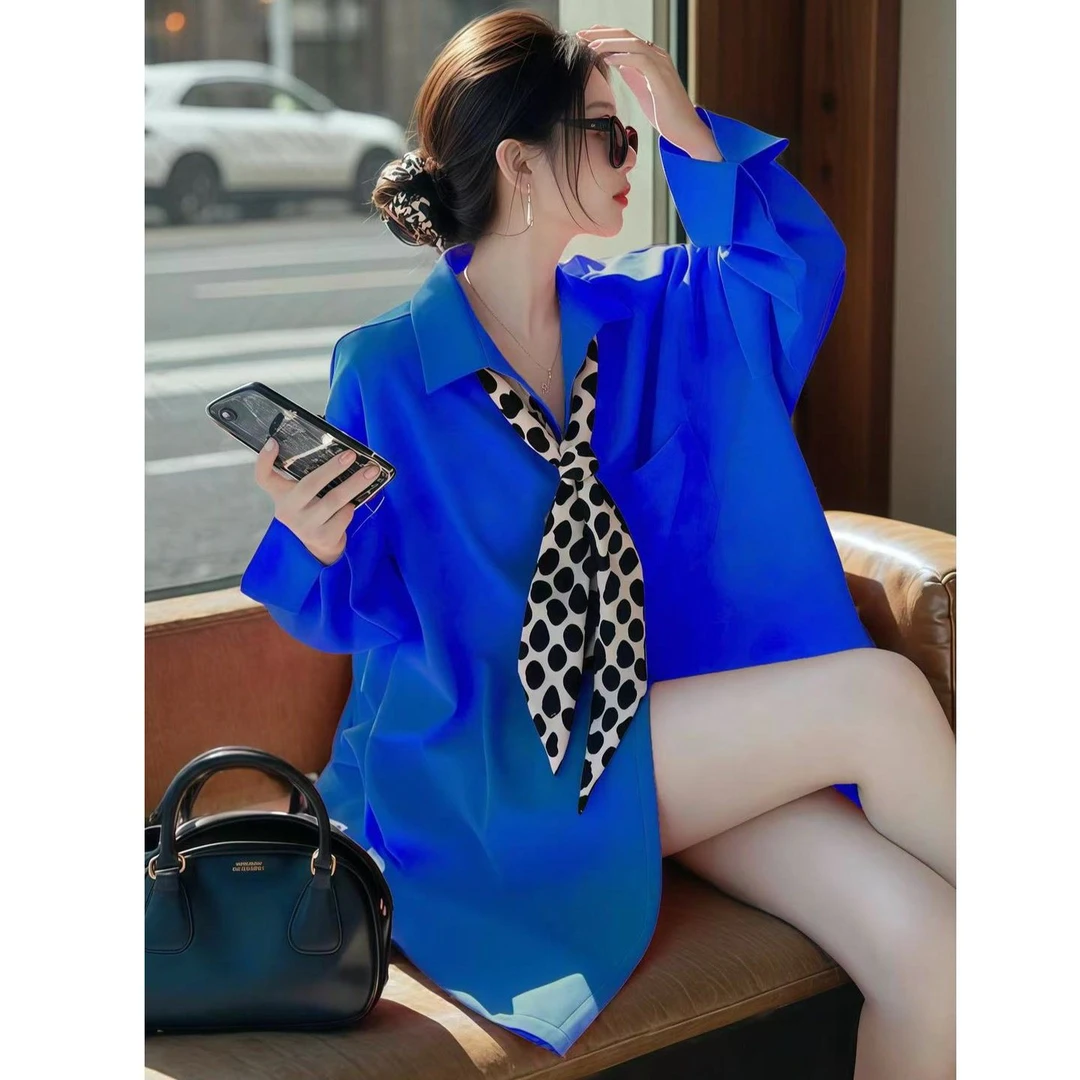 新款韩系春秋长袖飘带衬衫女2025休闲洋气百搭显瘦时尚纯色衬衣潮